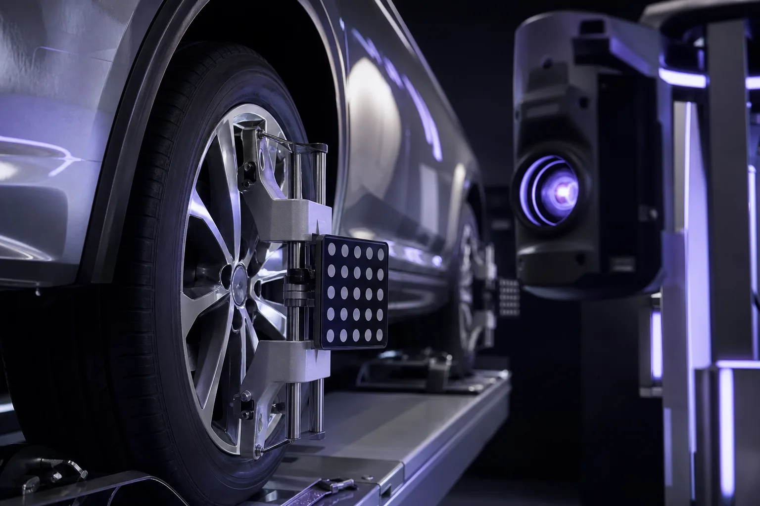 Detailansicht eines 3D-Messstellplatzes mit Sensoren und Fahrzeug, 1200x800