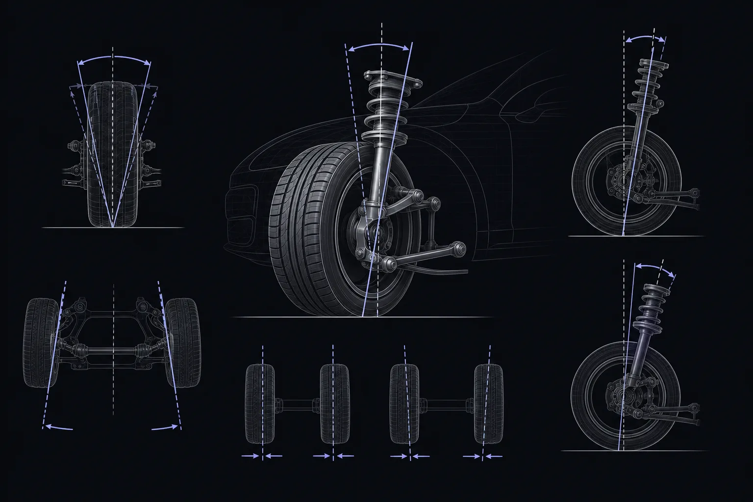 Diagramm zu Spur, Sturz und Nachlauf an einem Radaufhängungssystem, 1200x800